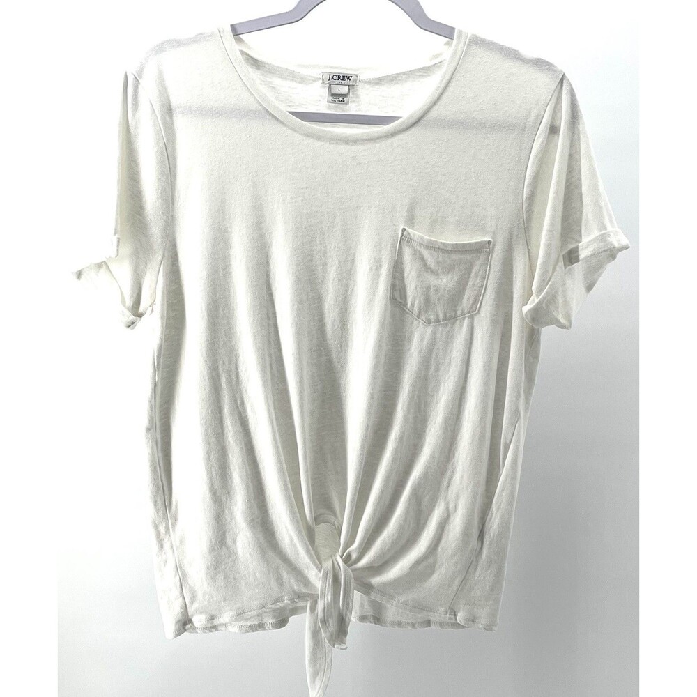 J.Crew Women’s Pocket Tee Shirt Large White Tie Front Short Sleeve Casual Top